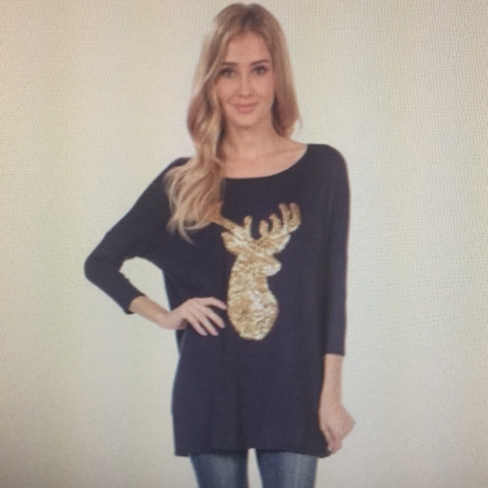 Acting Pro Gold Sequins Deer Dolman Top 🦌 M - Picture 2 of 8